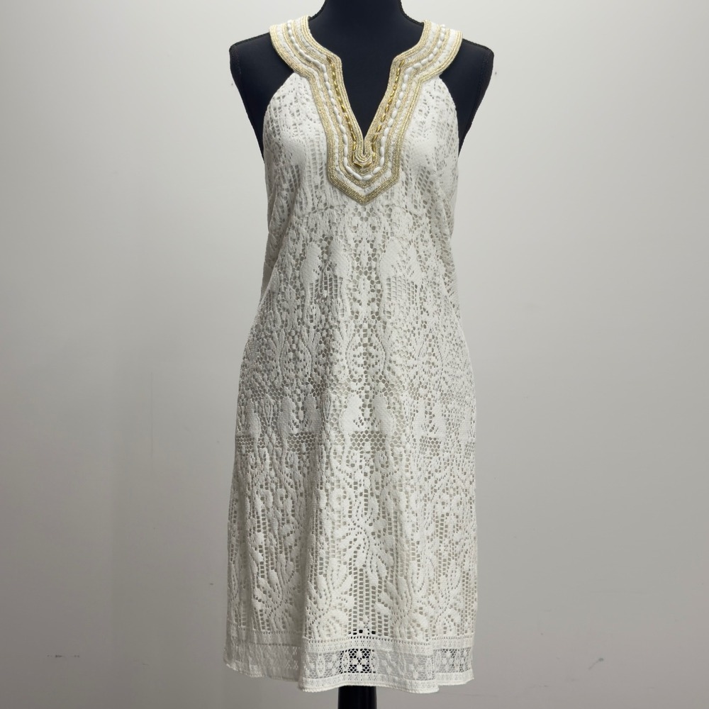 Lilly Pulitzer Calera Jungle‎ White Lace Gold Beaded Halter Sleeveless Size 4